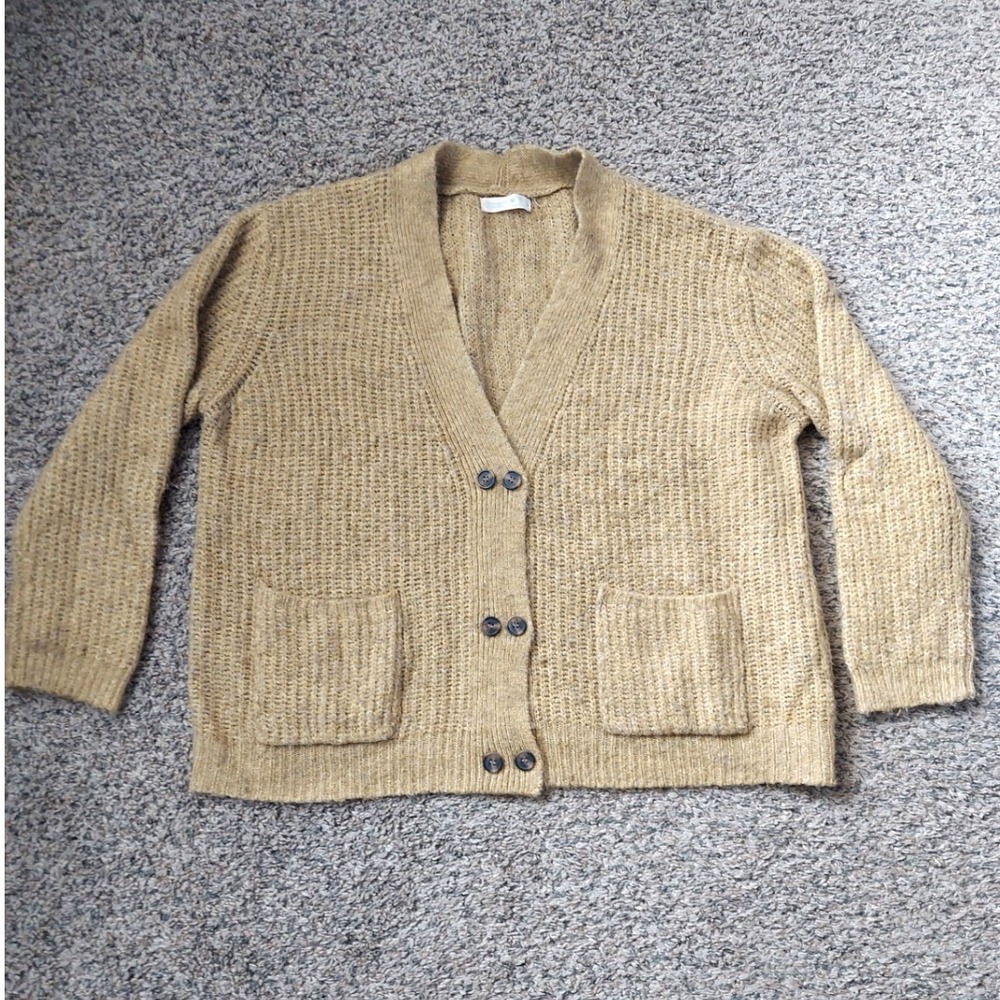 Primark Cardigan Womens M Mustard Tan Knit V-Neck Button Front Ribbed Pockets